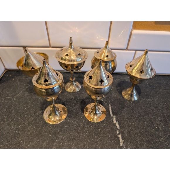 6 Vintage Etched Brass Incense Burners (most unused) Made in India - Lids